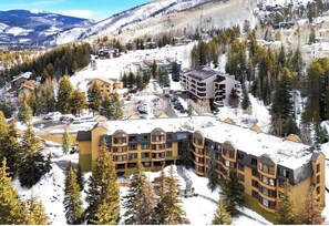 Ein mehrstöckiges Hotel mit schneebedecktem Dach, umgeben von Bäumen und einer Berglandschaft.
