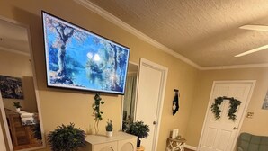 Ein Wohnzimmer mit Holzboden, einem an der Wand befestigten Fernseher, einem grünen Sessel und einem dekorativen Teppich.