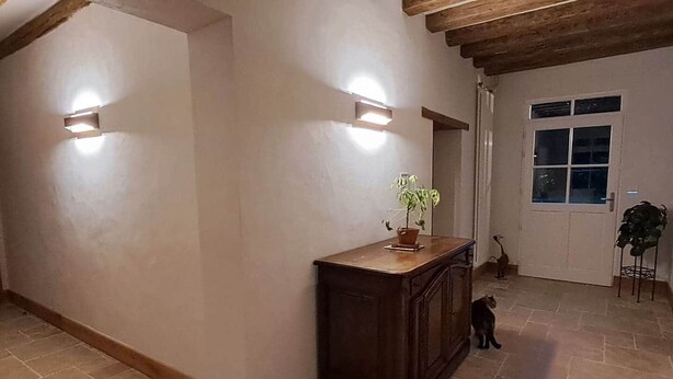 A hallway with a wooden cabinet, a potted plant, and a cat. - Brives-Ch Mill, Indianapolis (Courdemanche)