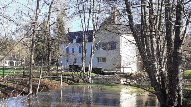 A house surrounded by trees and a flooded area.