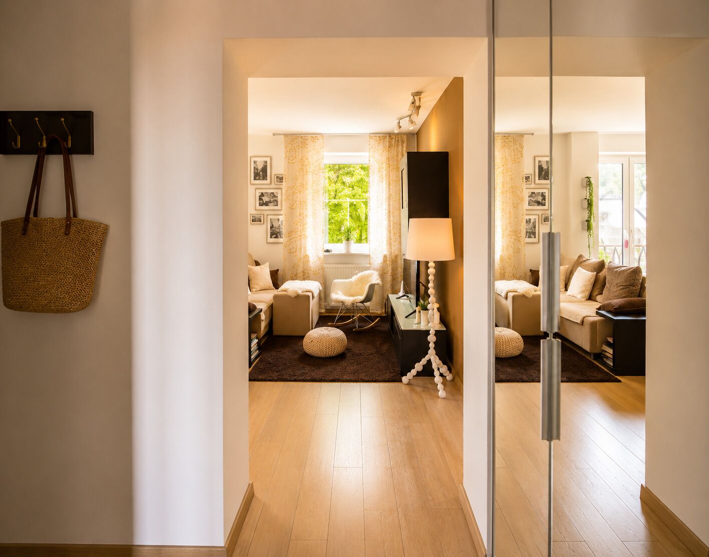 Un salon moderne avec un canapé, un fauteuil et une lampe.