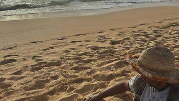A beach scene with a person holding a tray of food.