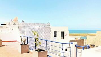 A rooftop terrace with a clear view of the sea, a satellite dish, and potted plants.