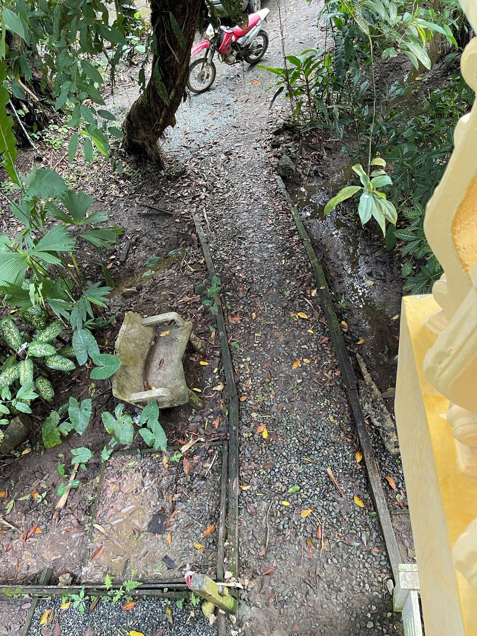 Un chemin de gravier, avec une dalle de pierre et un tuyau en métal, le tout entouré de verdure.