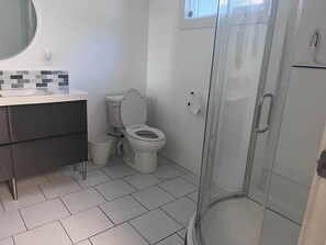 Un bagno con un WC, un lavandino, uno specchio e un box doccia.