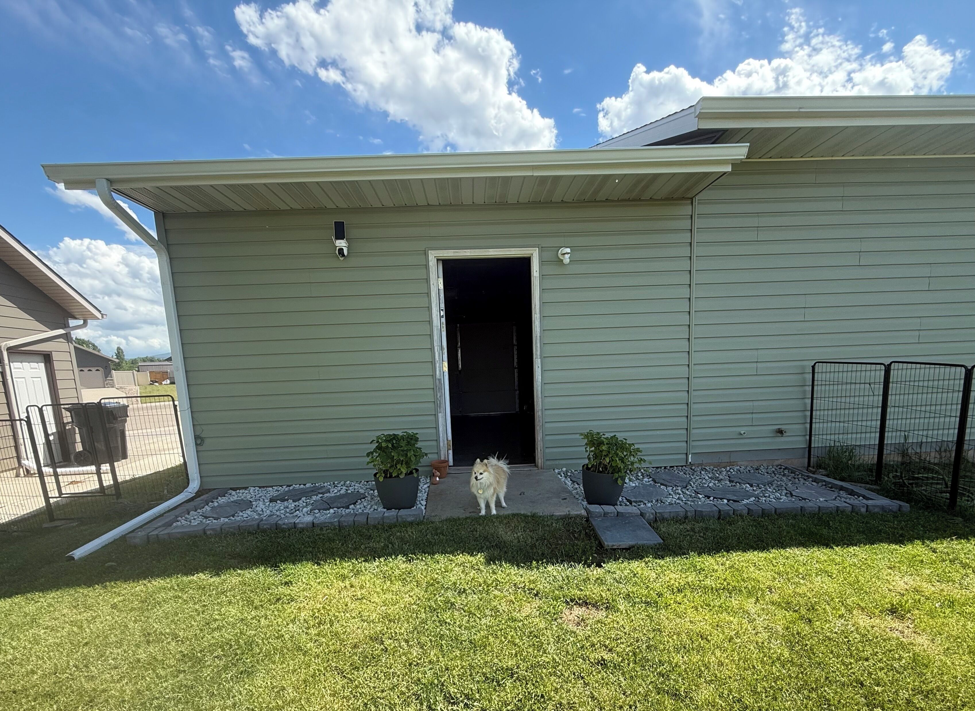 A single-story building with a flat roof, a visible door, and a small dog standing in the entrance.