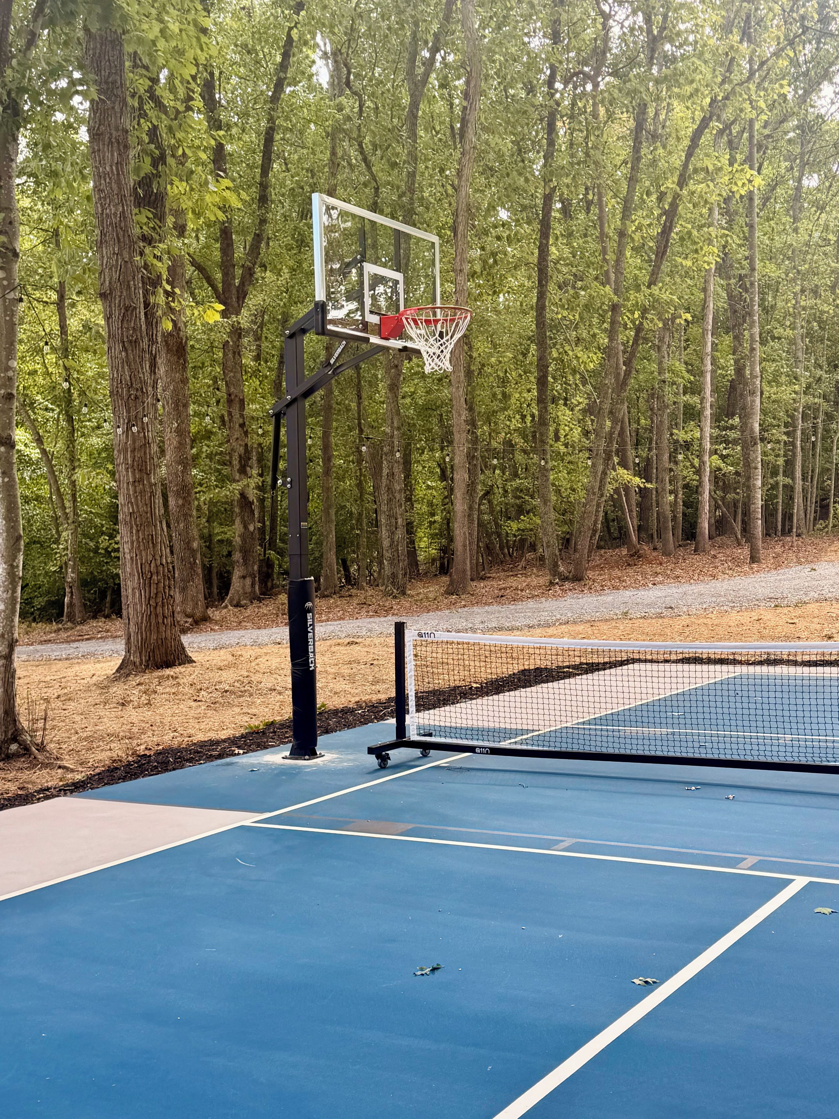 Un terrain de basket en plein air, équipé d’un panier, d’un filet et entouré d’arbres.