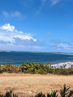 Eine Küstenlandschaft mit blauem Himmel, Sandstrand und Blick auf den Ozean.
