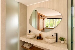 Shower, towels, toilet paper