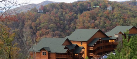 A lodge with multiple wooden buildings, a parking area, and a forested hillside in the background.