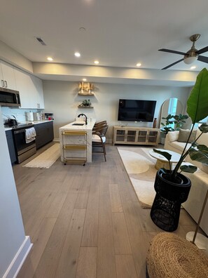 A modern kitchen with a microwave, stove, and sink, a dining area with chairs, a TV, and a large plant. - Modern penthouse condo with private rooftop terrace, views of DC Nat’l Arboretum (Washington)