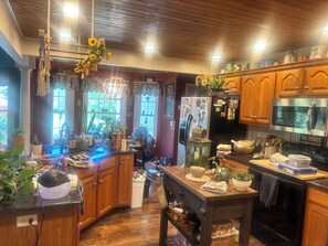 A kitchen with wooden cabinets, a refrigerator, a microwave, and various kitchen items. - Tranquil country retreat: Relax, Unwind & Recharge” (Delmar)