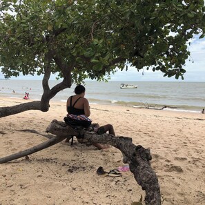 A person sitting on a tree branch at a beach with a boat in the water. - #2 Rosário Marajó Residence - Água Boa - Two Suites (Salvaterra)