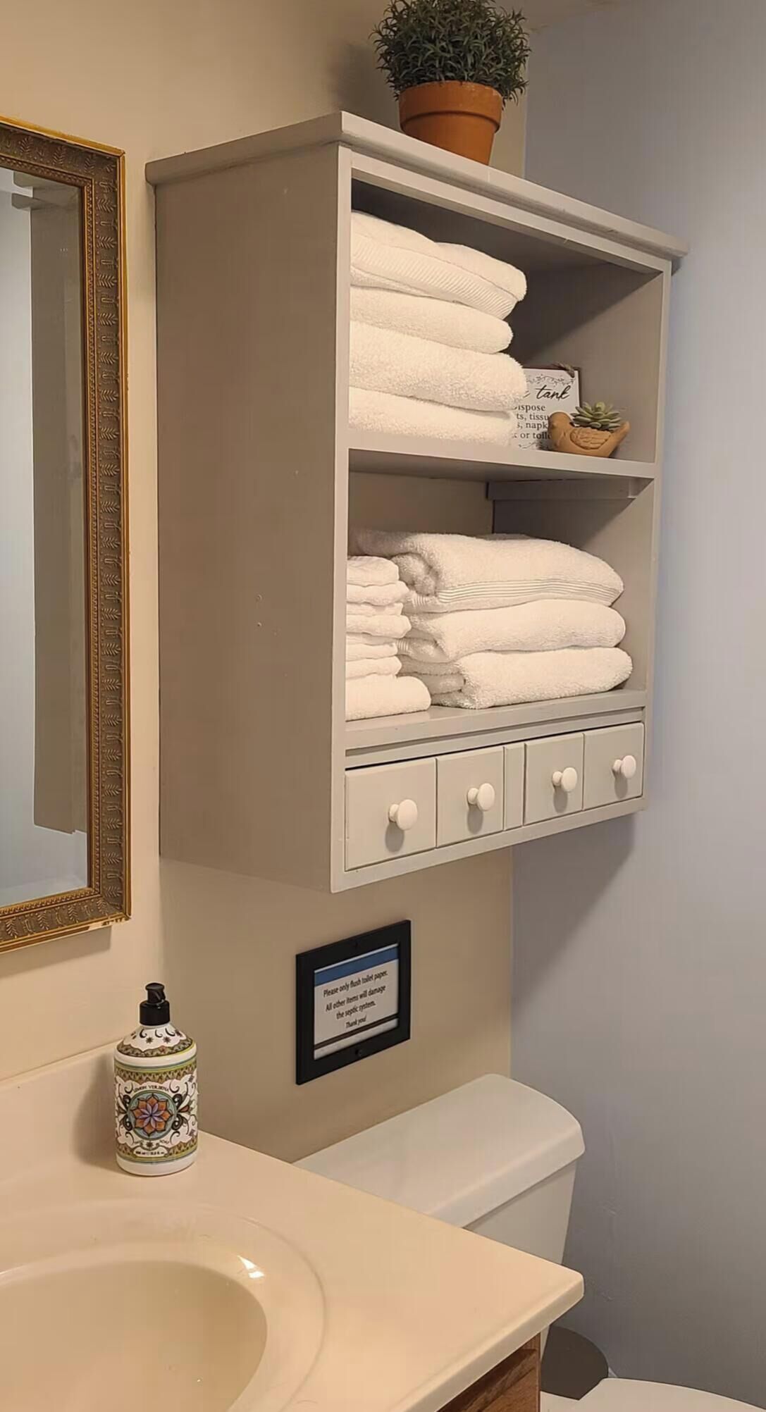 Un baño con un lavamanos blanco, un espejo con marco decorativo, un perchero con toallas dobladas, una planta en maceta y un letrero que indica tirar solo papel higiénico.