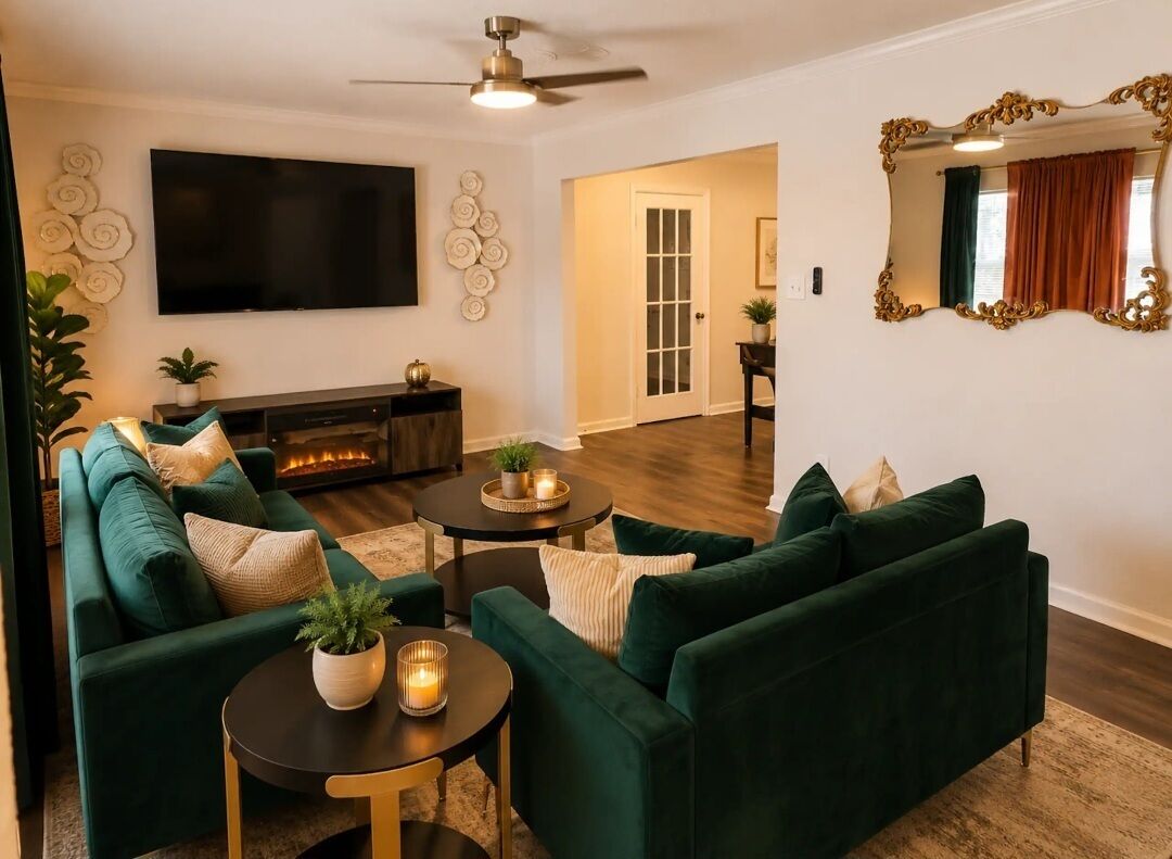 A living room with a green sofa set, a flat-screen TV, a fireplace, and a ceiling fan.