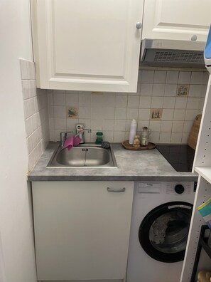 Una cocina compacta con lavavajillas incorporado, un lavamanos y una lavadora.