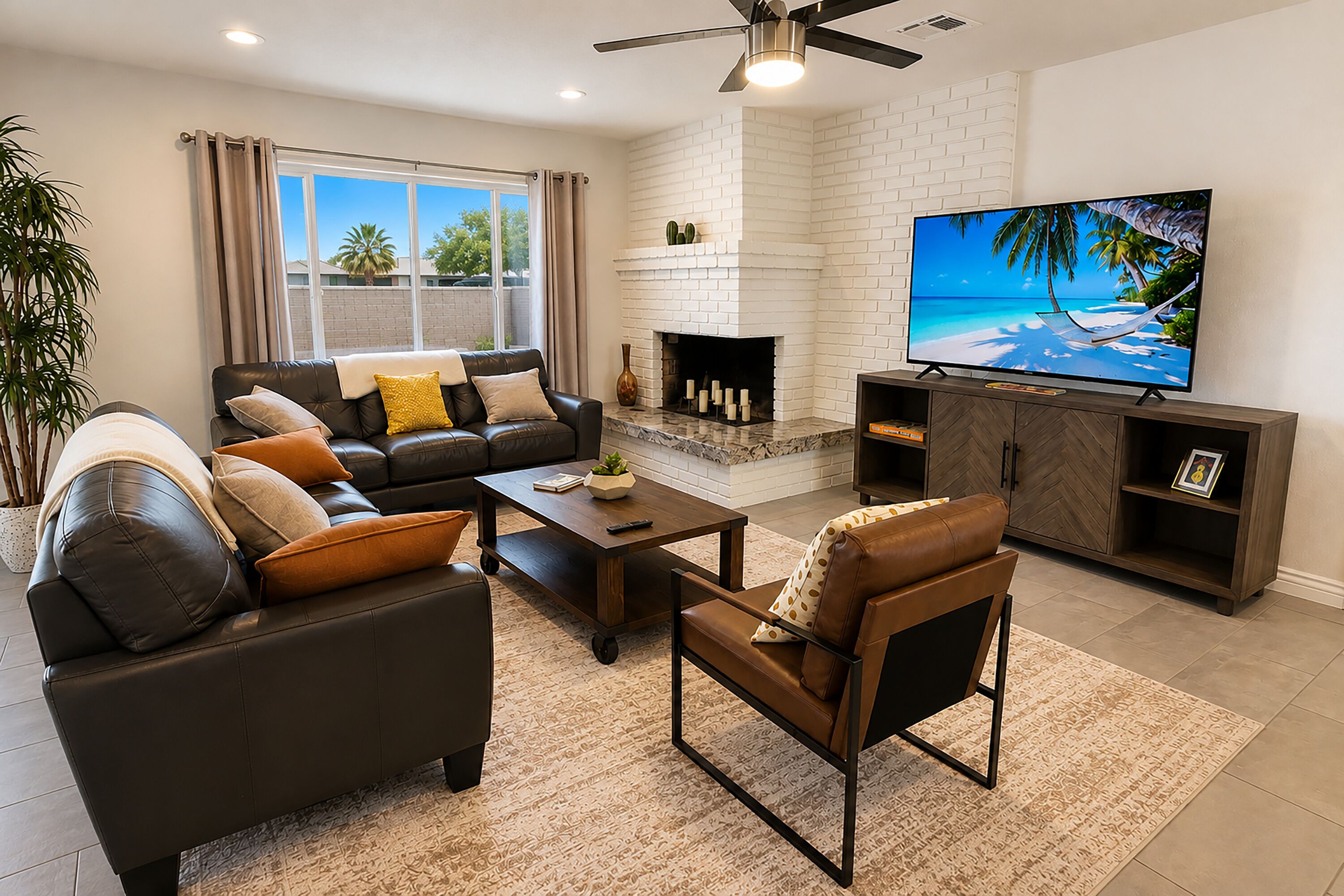A modern living room with a sofa, armchairs, a coffee table, and a flat-screen TV.