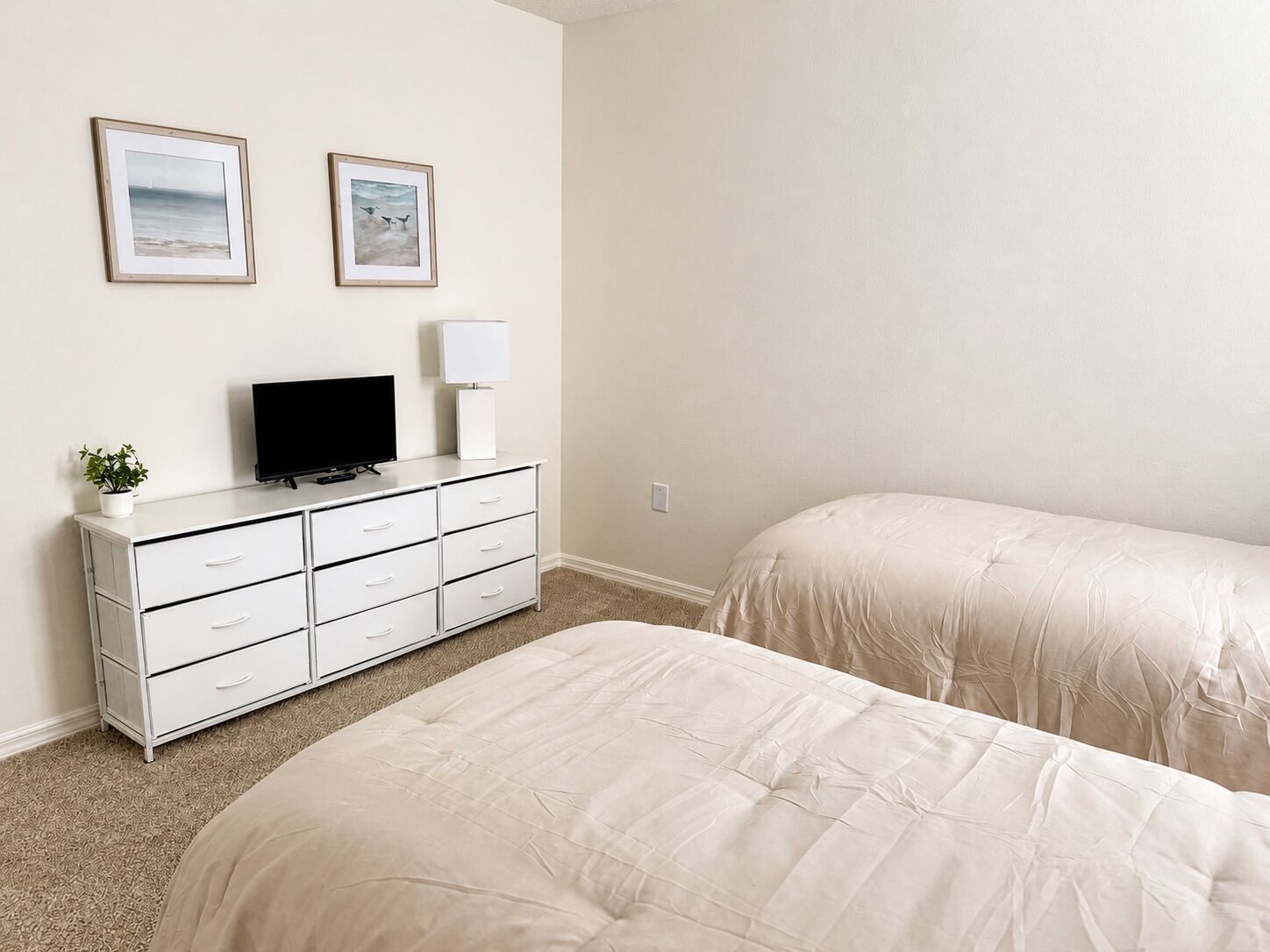 Une chambre avec deux lits, une télévision, une commode et deux tableaux encadrés au mur.