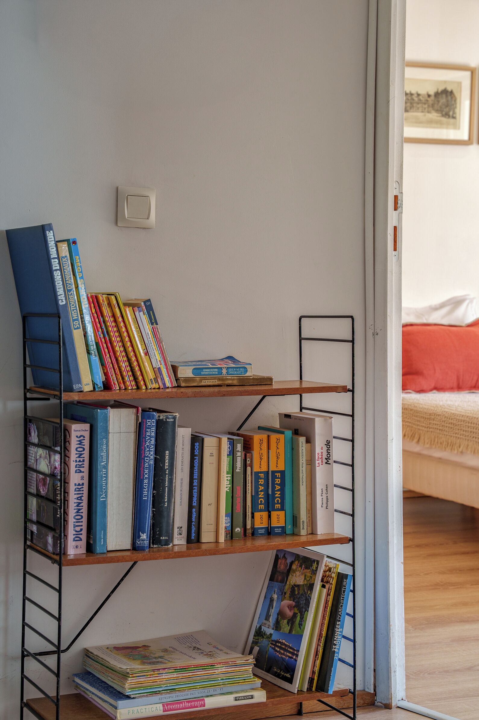 A bookshelf with various books and magazines, a small ladder shelf, and a bed with a red pillow in the background.