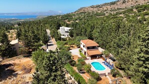 Ein Wohnhaus mit Schwimmbad, umgeben von dichtem Wald und freiem Blick auf das Meer.