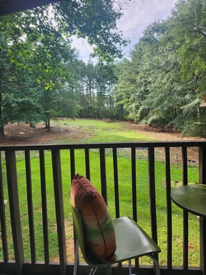 A balcony with a view of a grassy area and trees. - Peaceful 1-bedroom barn with AC in charming Covington that can sleep 4 to 6. (Covington)