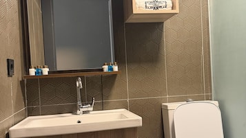 Appart'hôtel Deluxe, vue ville | Salle de bain | Articles de toilette gratuits, sèche-cheveux, serviettes fournies, savon