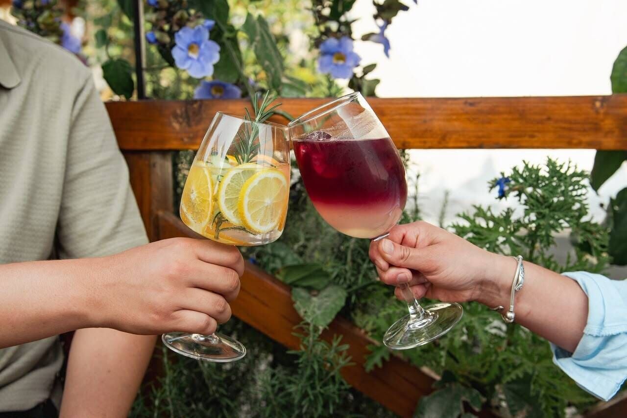 Zwei Personen halten Weinkelche, einer mit einer klaren Flüssigkeit und der andere mit einer roten Flüssigkeit, beide mit Zitronenscheiben.