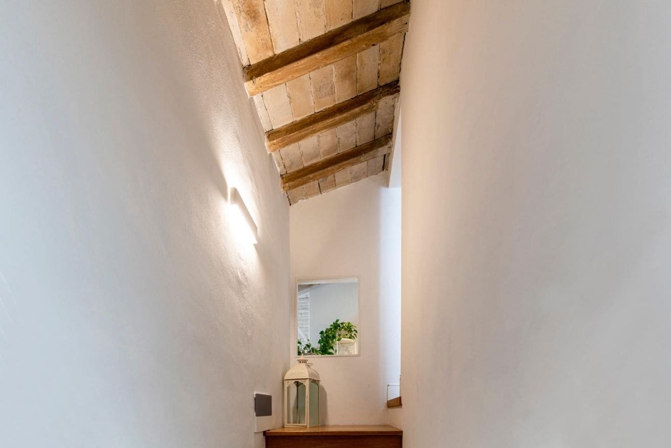 A narrow hallway with a wooden ceiling and a small window with a plant.