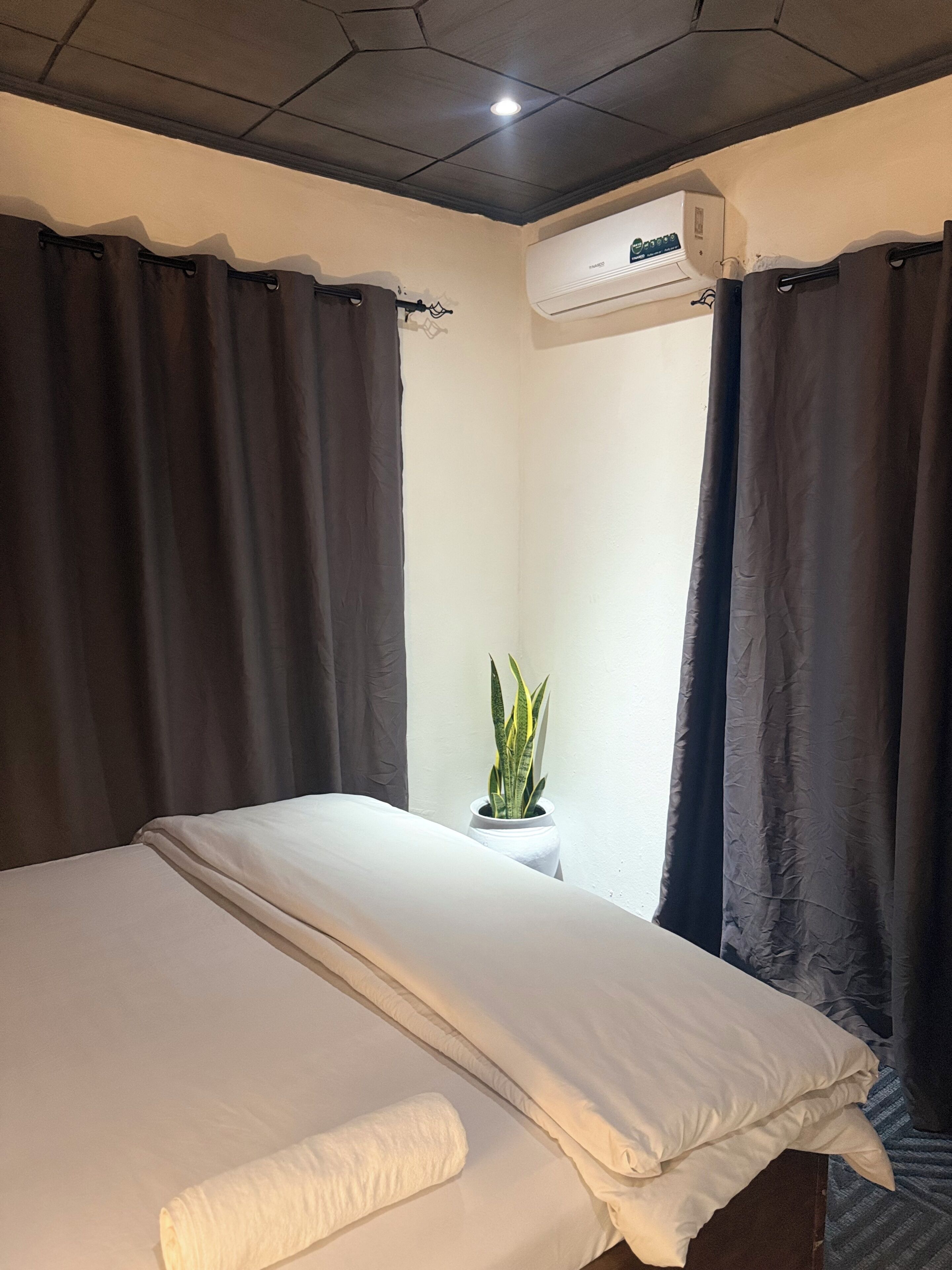 A hotel room with a bed, curtains, an air conditioning unit, and a potted plant.
