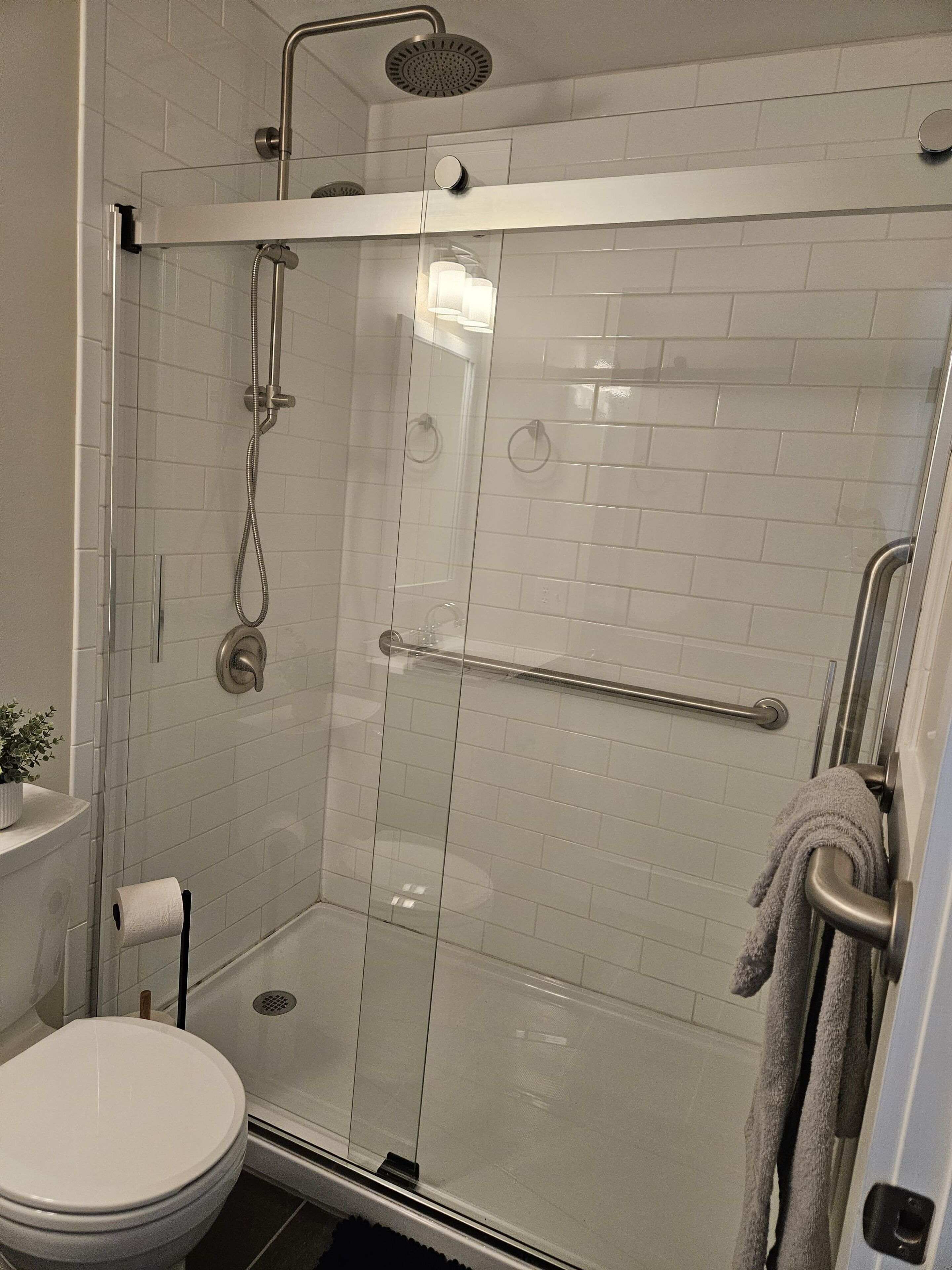 Shower, towels, toilet paper