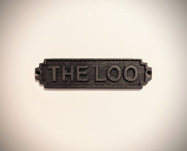 A metal sign with the inscription 'THE LOO' on a plain background.