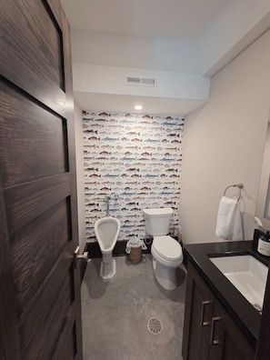 Douche, séchoir à cheveux, serviettes fournies, savon