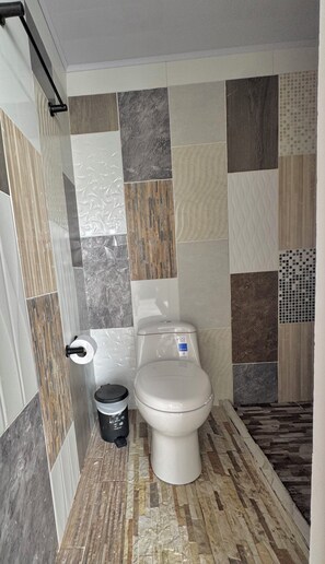 Hair dryer, towels, soap, toilet paper