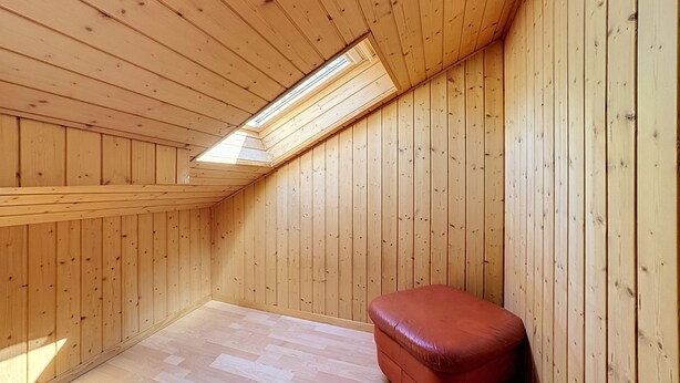 Una habitación con paredes de madera y techo inclinado con tragaluces.