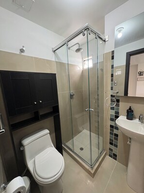 Ein modernes Badezimmer mit einer Duschkabine, einer Toilette und einem Waschbecken.