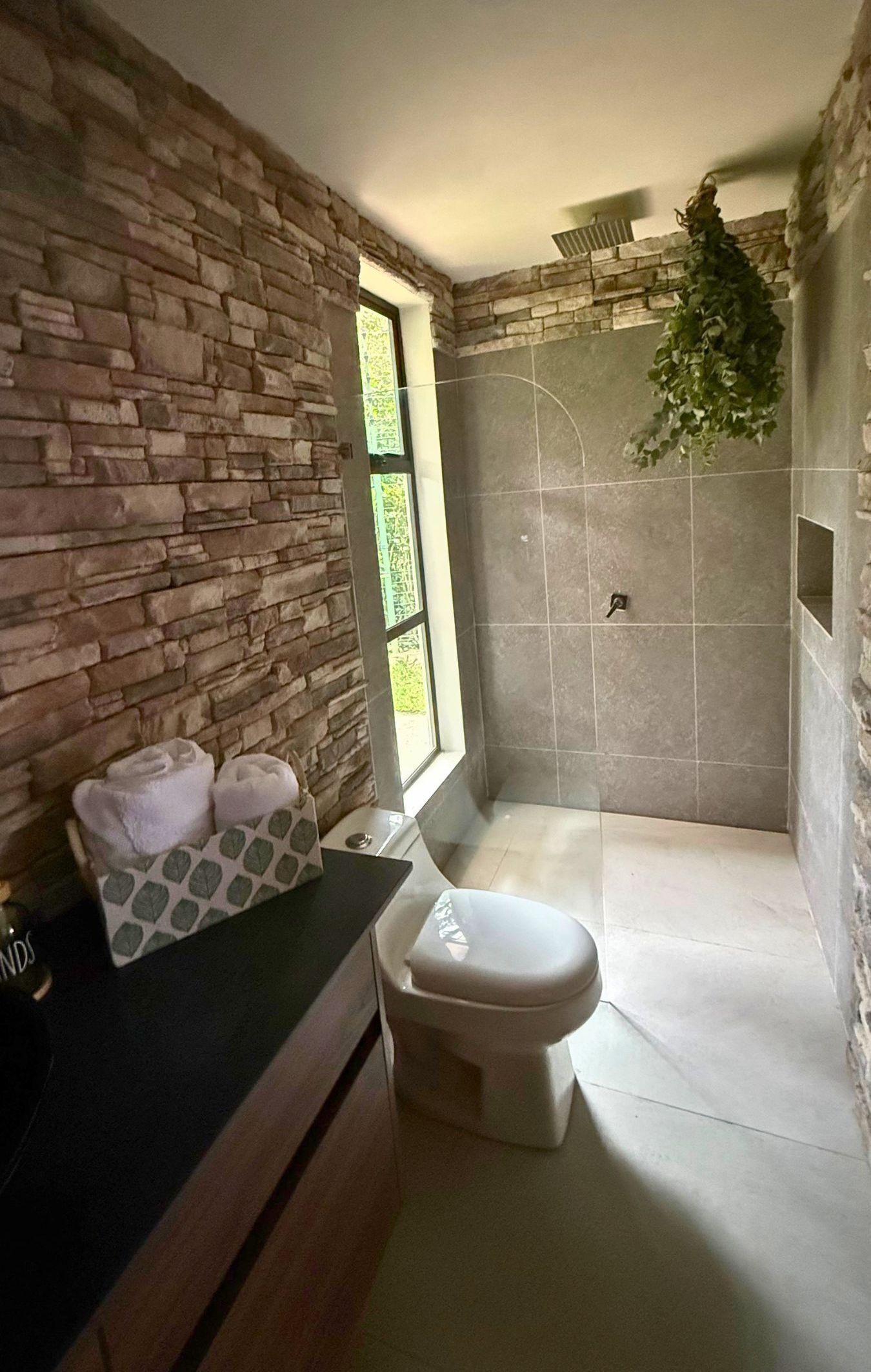 Shower, towels, soap, toilet paper