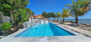 A rectangular swimming pool with clear blue water, surrounded by a stone deck and palm trees.