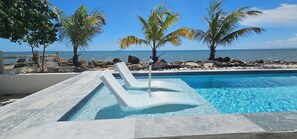 A pool with clear blue water, surrounded by a stone deck, palm trees, and a view of the ocean.