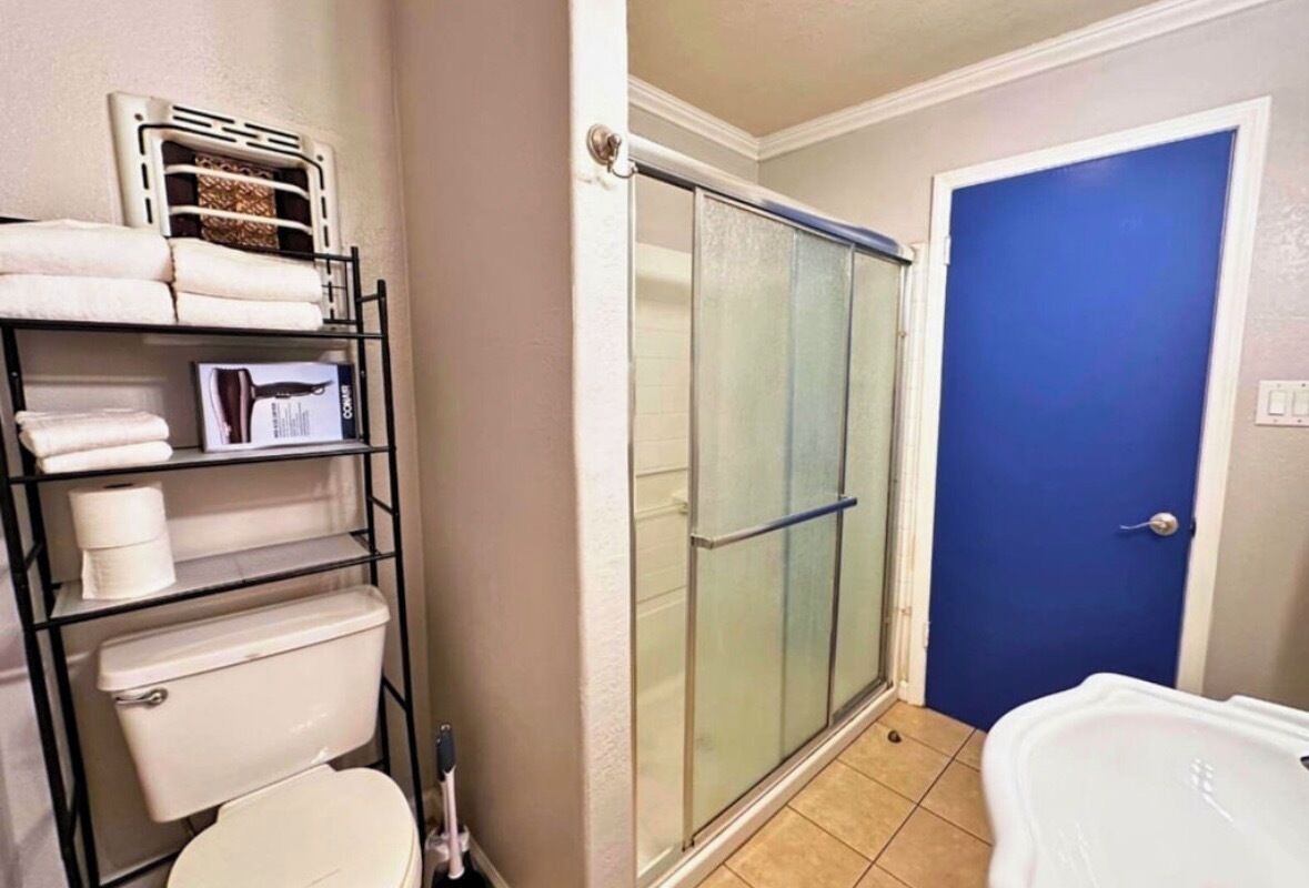 A bathroom with a toilet, a shower with a glass door, and a blue door.