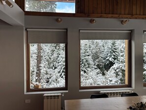 A room with two large windows overlooking a snowy forest, a wooden ceiling, and a radiator below the windows. - House of Worship (San Carlos de Bariloche)