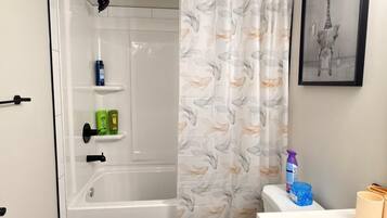 Hair dryer, towels, soap, shampoo