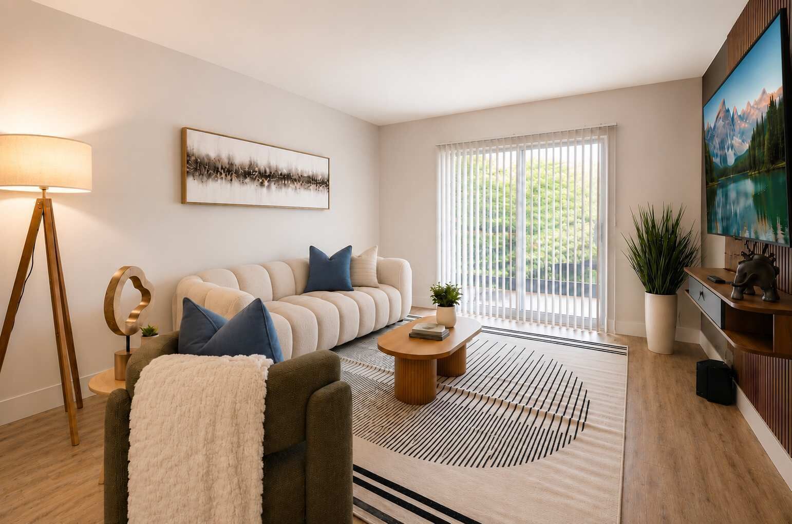 Ein modernes Wohnzimmer mit Sofa, Couchtisch, Lampe und einem Gemälde an der Wand.