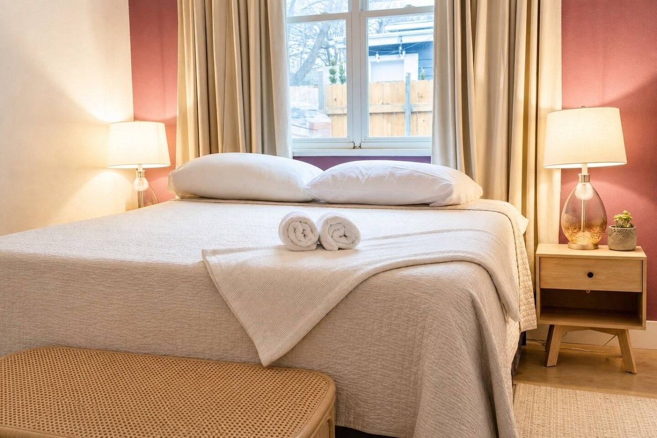 A neatly made bed with two rolled towels, a bedside table with a lamp, and a view of the outside through a window.