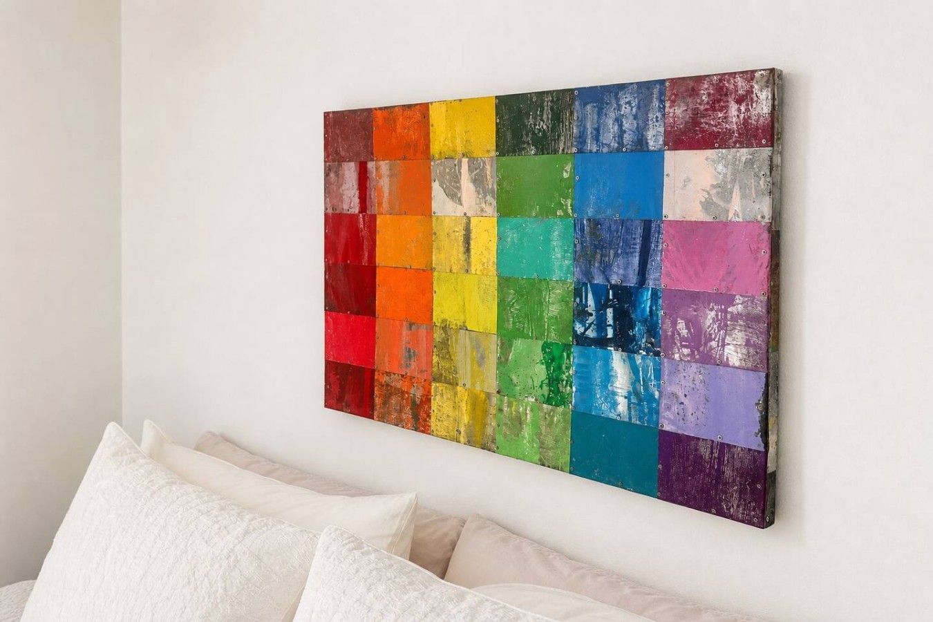 Una habitación con un cuadro abstracto y colorido en la pared y una cama con ropa de cama blanca.