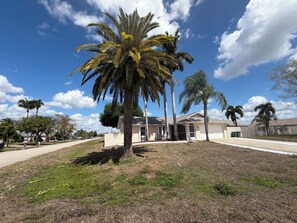Una propiedad residencial con una casa de un piso, un jardín delantero y una palmera.