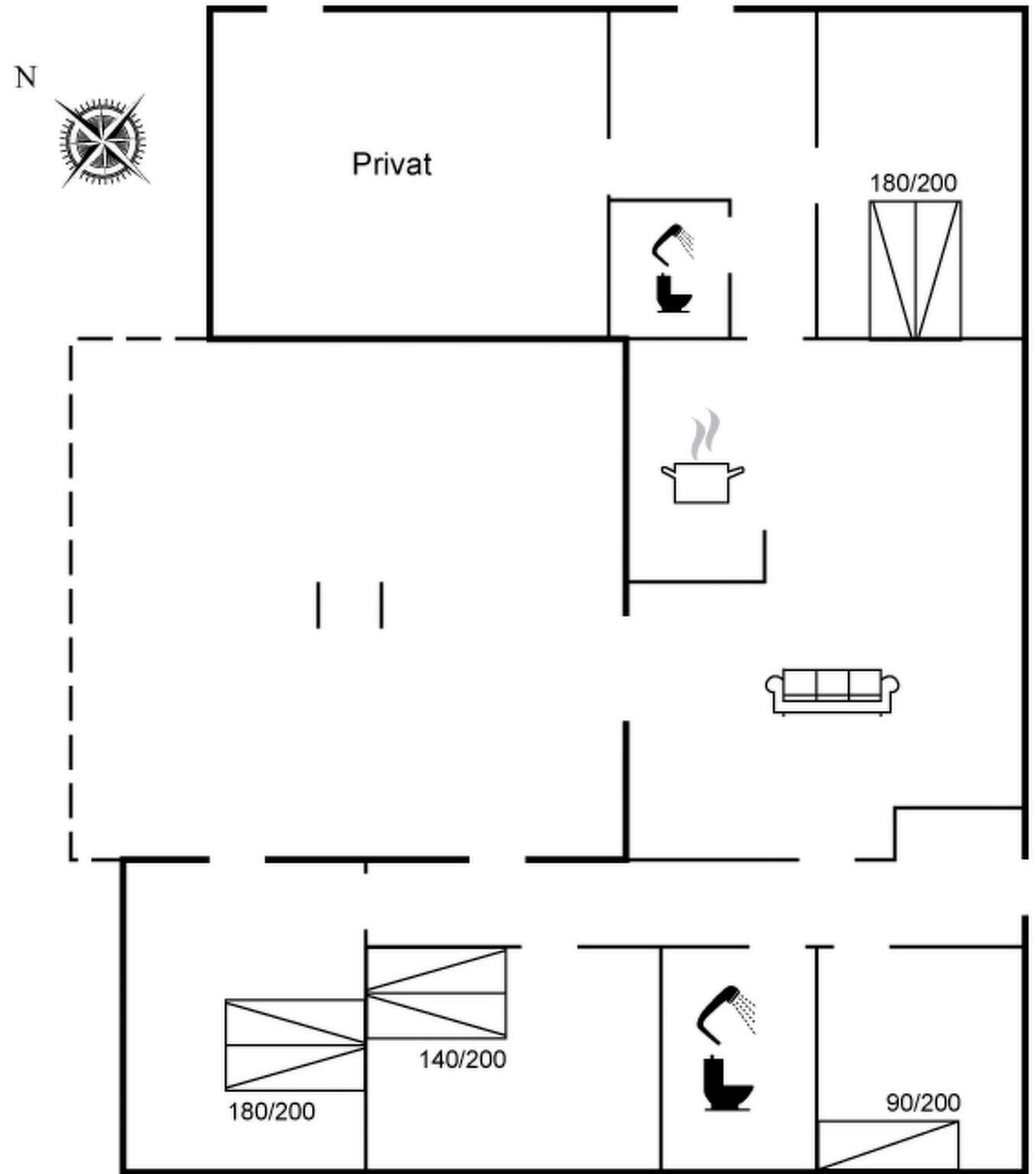 Un plan d’étage comprenant une chambre privée, une salle de bain avec douche, un coin cuisine et un espace repas.