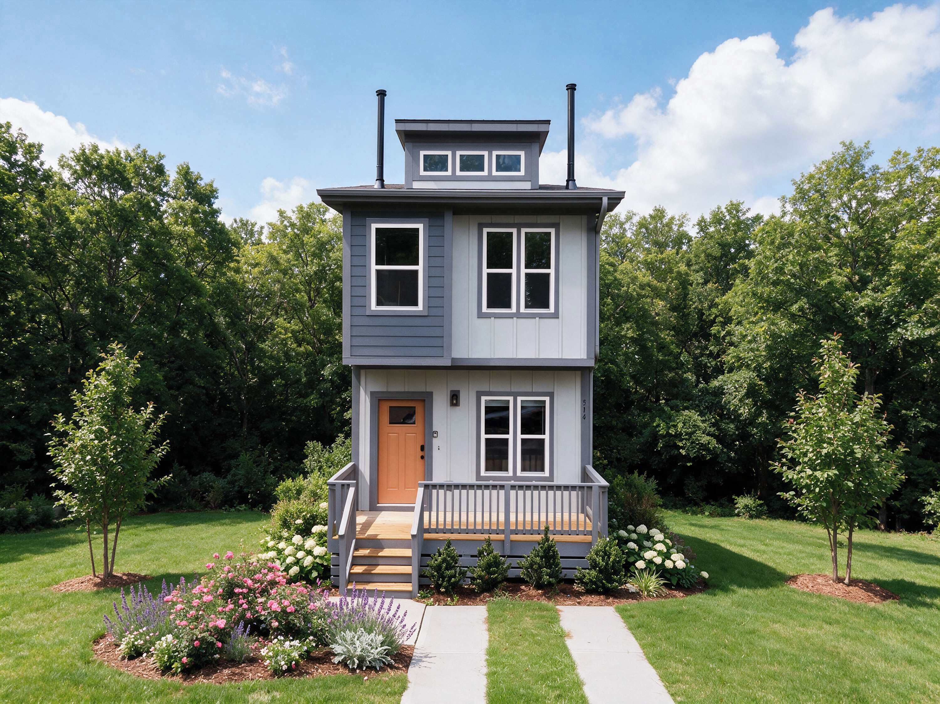 A two-story house with a front porch, a chimney, and a well-maintained garden.