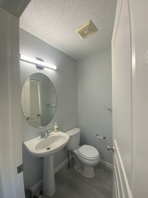 Een badkamer met een wastafel op voetstuk, een toilet en een spiegel.