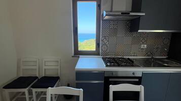 Eine kleine Küche mit Gasherd, einem Fenster mit Meerblick und einer backsplash mit Muster.