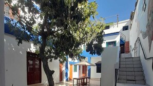 A courtyard with a tree, a bench, and a staircase leading to a building. - ILLA HOSTELS (Arequipa)